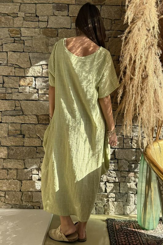 Salcombe Chalk Stripe Cotton Cocoon Dress Soft Olive